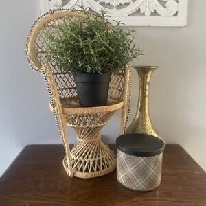 Vintage Mini Wicker Peacock Fan Back Rattan Chair Plant Stand Boho Decor 16"
